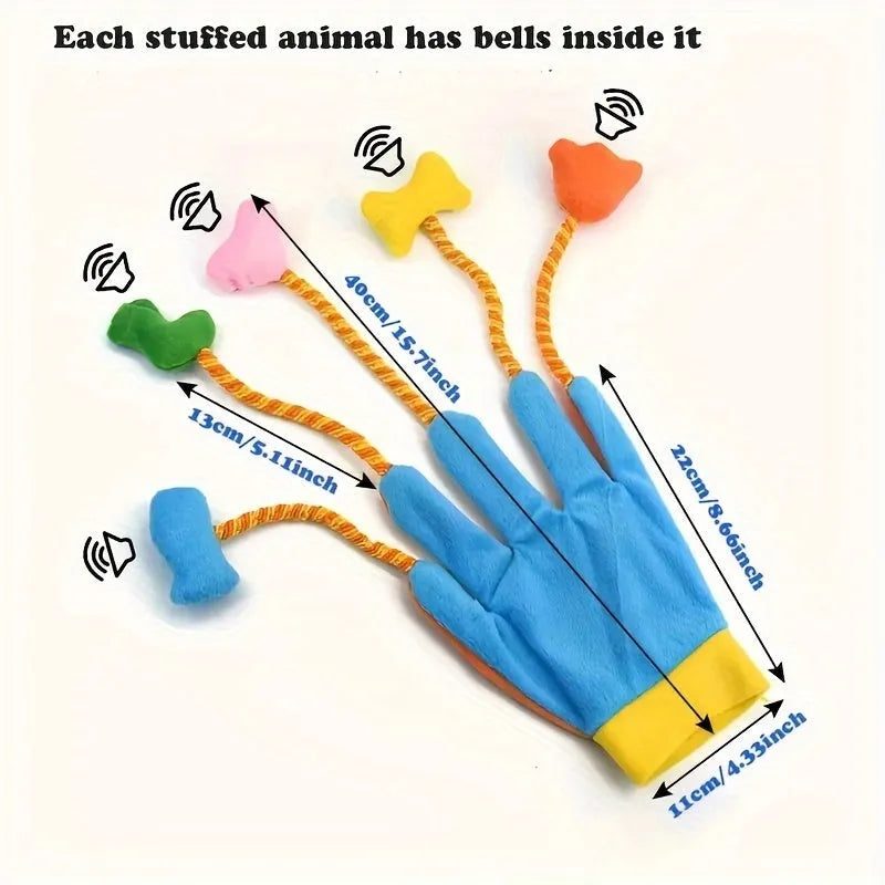 Yellow and blue plush glove cat toy with integrated bell, shown with dimensions 40cm by 11cm