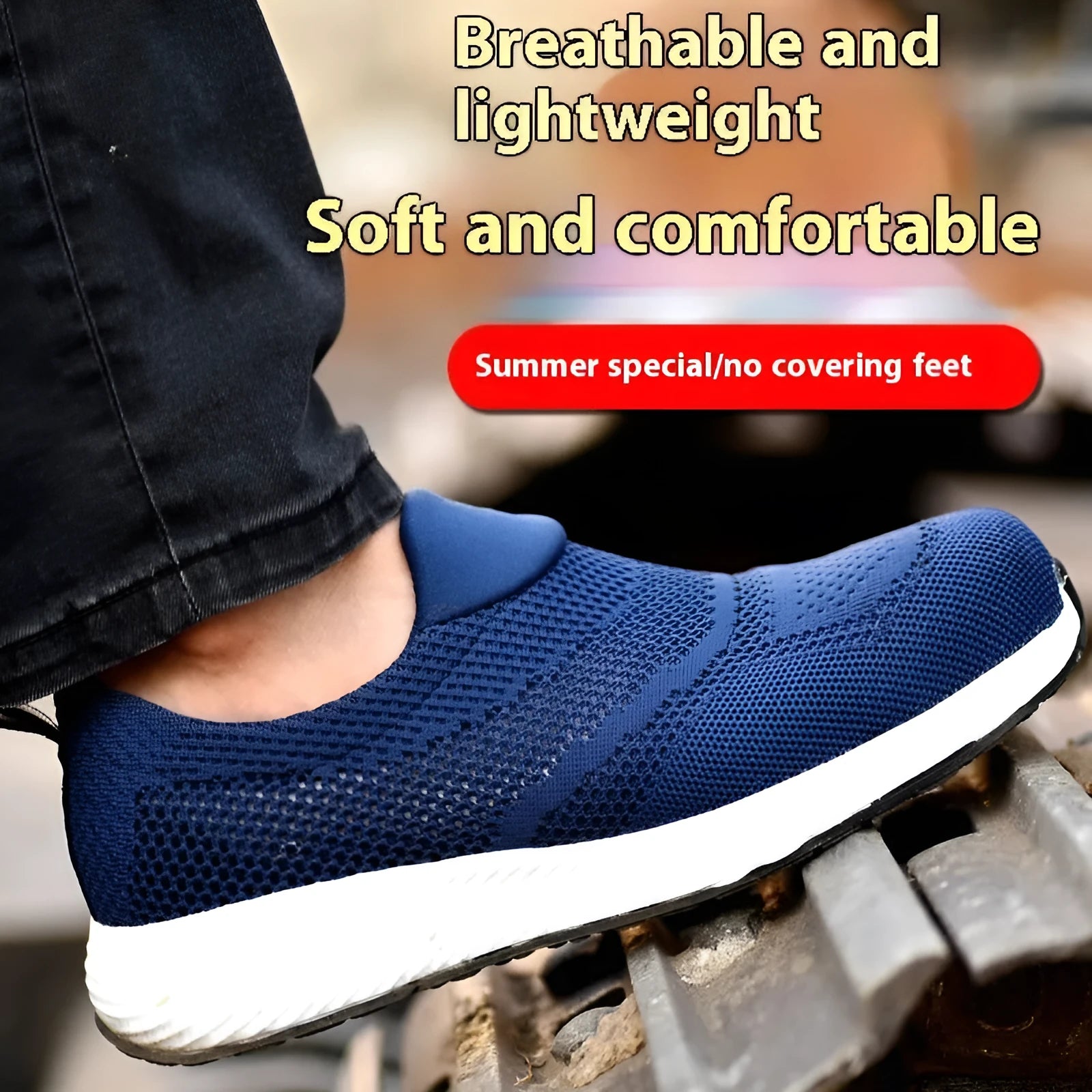 Men's lightweight mesh safety work shoes with steel toe cap in black, blue, and red colour options