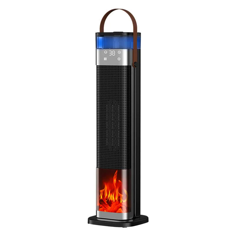 Tall, slim vertical heater with humidification function and a remote control on a wooden floor.