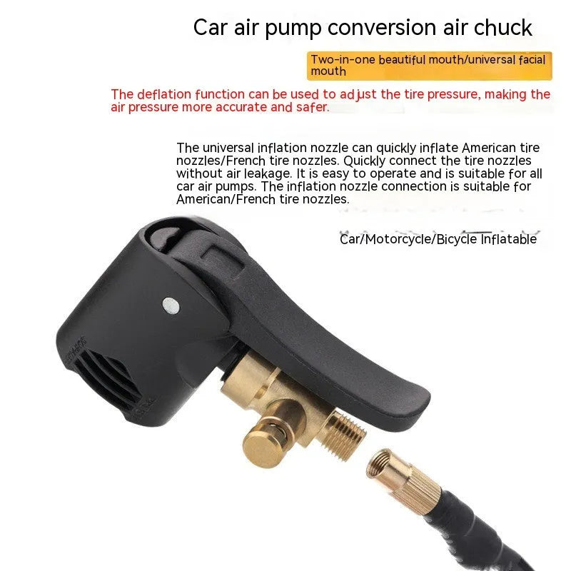 Two-in-one vehicle air pump inflatable nozzle with 16cm hose and two connector chucks.