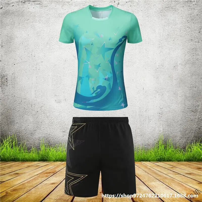 Badminton sportswear outfit set showing a short-sleeved top and matching trousers in a blue colour.