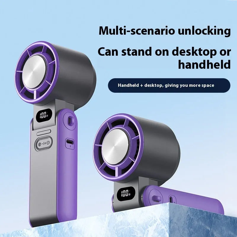 Small handheld fan with ice compress function, no blades, USB powered, compact foldable design in white.