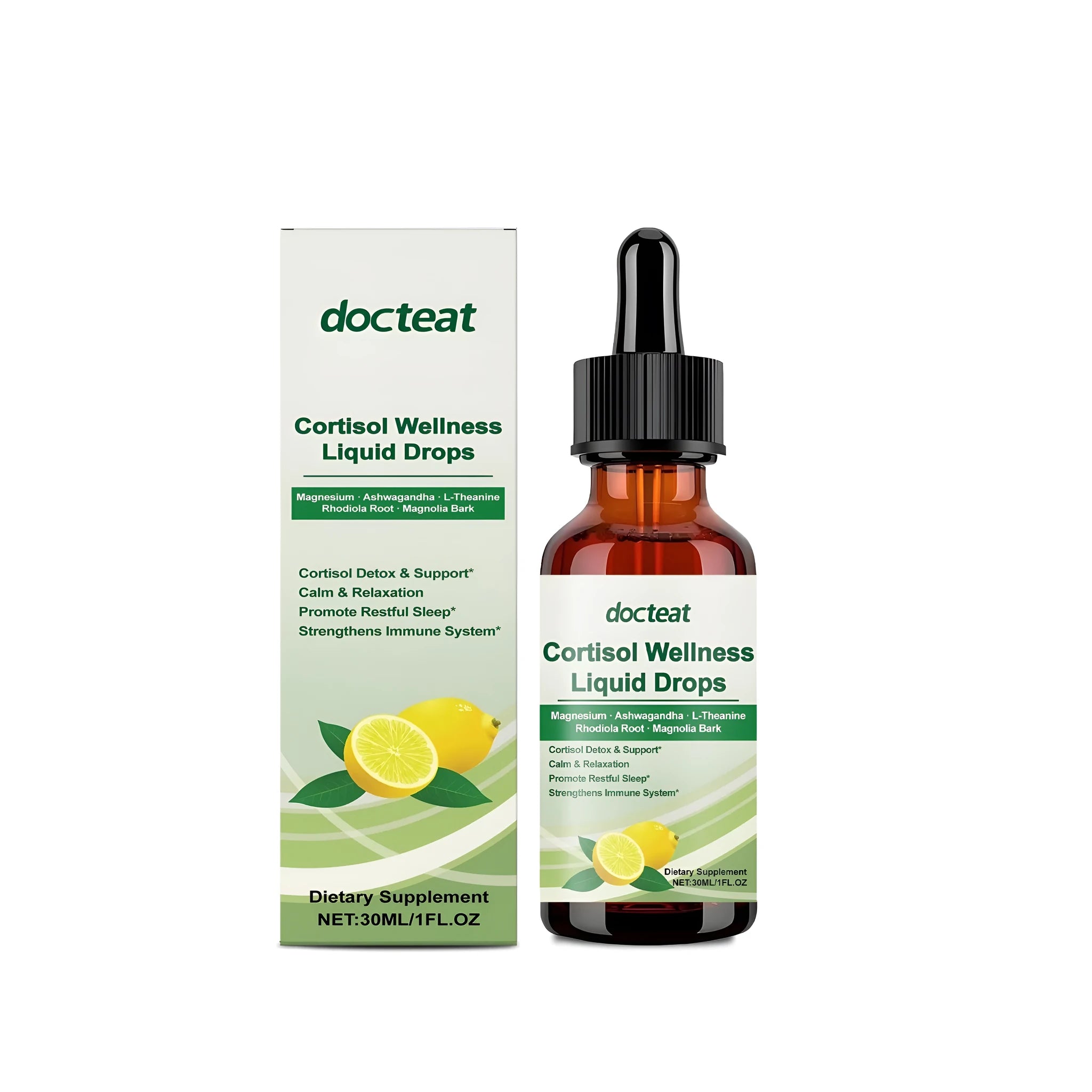 30ml glass bottle of clear liquid supplement drops with a black dropper top