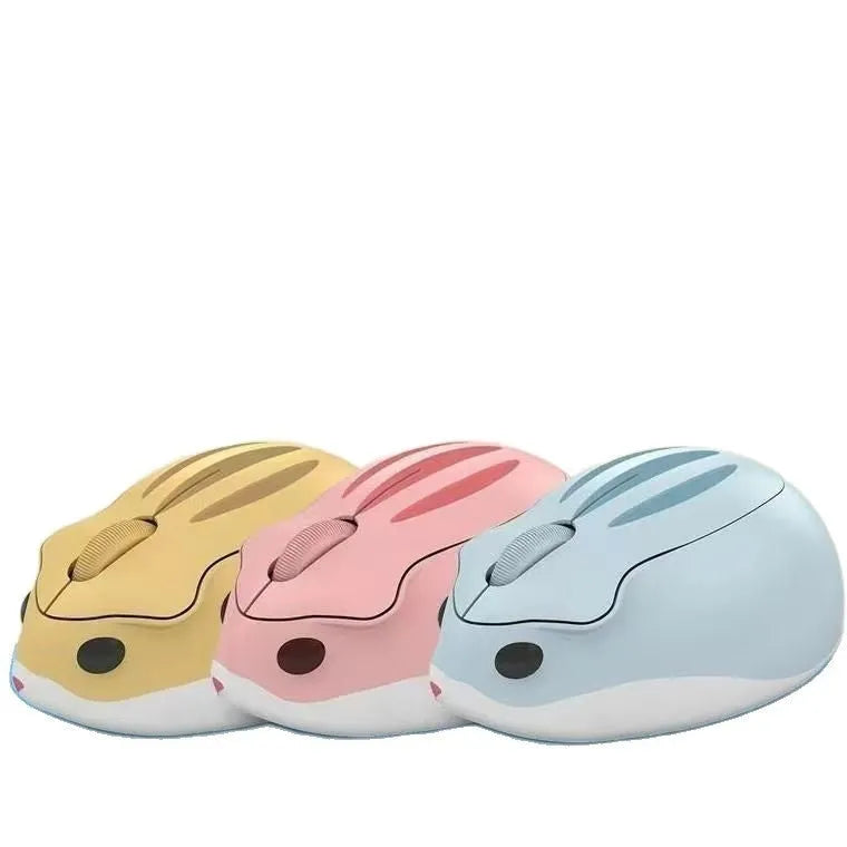 Hamster Wireless Bluetooth Silent Mouse in yellow, pink, and grey colours on a desk