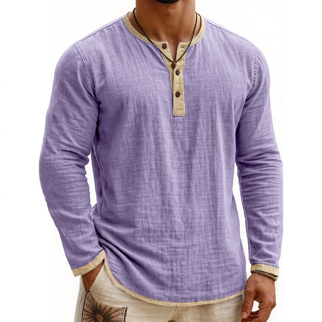 Men's digital printing two-tone 3-button Henley shirt, long sleeve, slim fit polyester casual top in youth style
