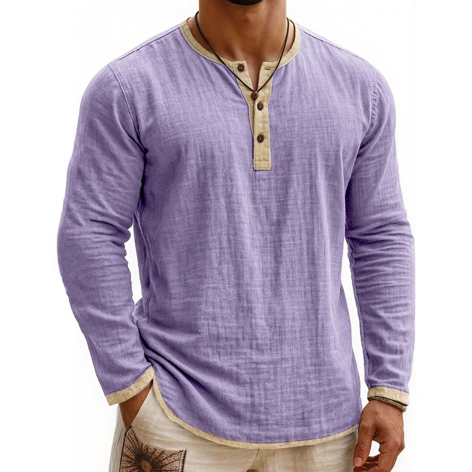 Men's digital printing two-tone 3-button Henley shirt, long sleeve, slim fit polyester casual top in youth style