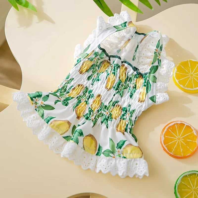 Rock yellow lemon polyester dog dress with thin breathable strap skirt, shown on a mannequin.