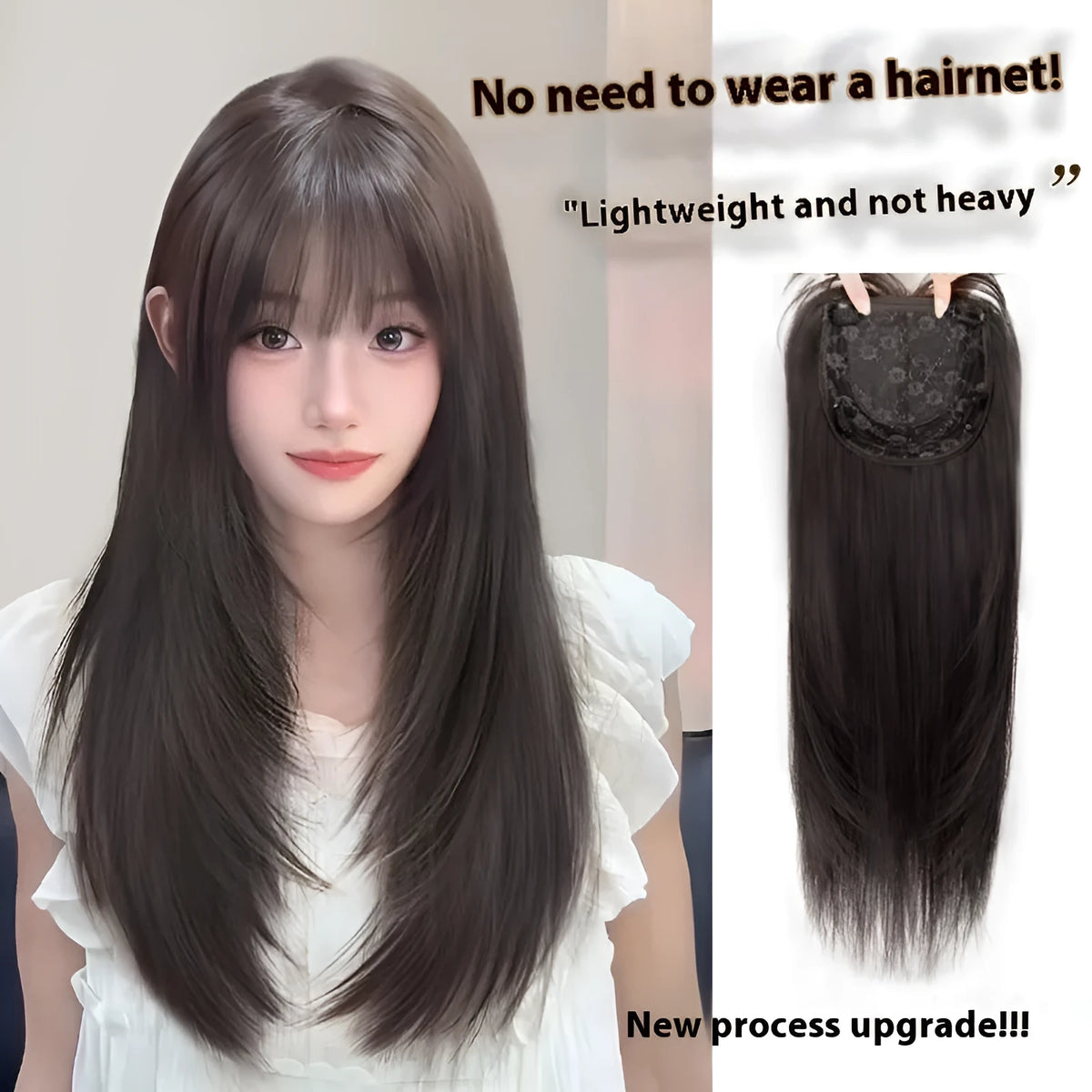 Black long straight full-head women's wig with high-layered cut and integrated hair net