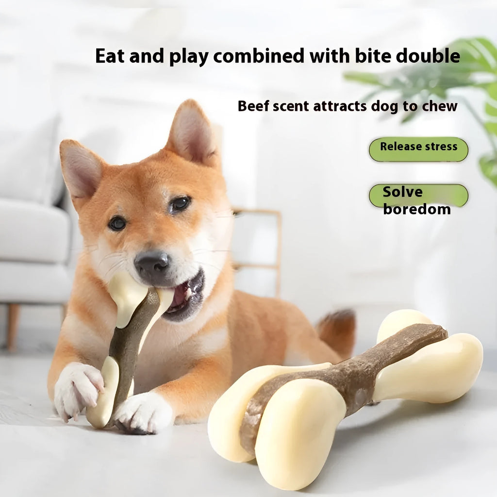 Bone-shaped dog chew toy with cowhide and nylon construction for dental cleaning