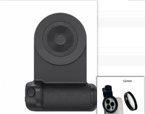 Black magnetic phone camera bracket with ergonomic PU leather handle on table