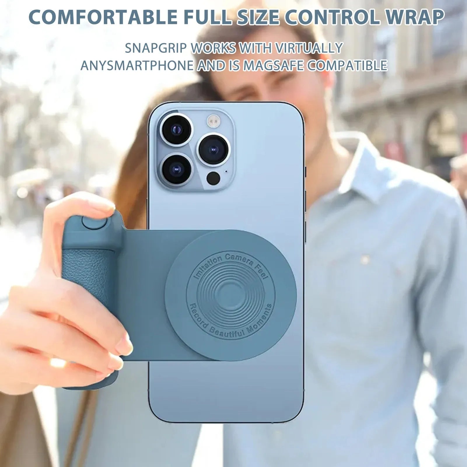 Black magnetic phone camera bracket with ergonomic PU leather handle on table