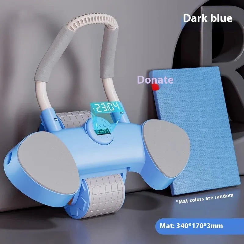 Blue abdominal exercise wheel with elbow supports on a grey floor.