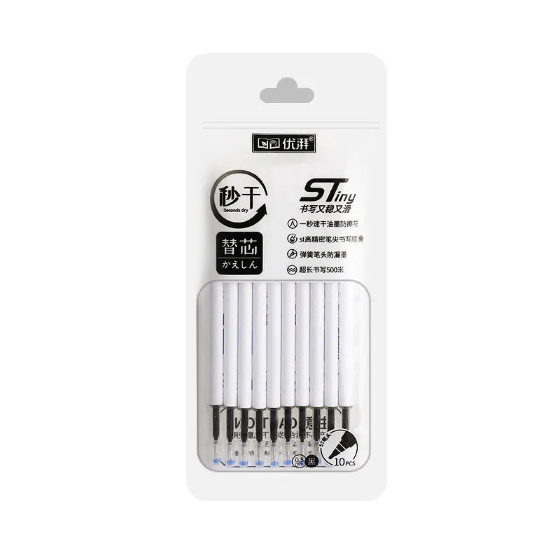 Pack of 10 quick-dry ballpoint pen refills in black, blue, ink blue, and red ink colours.