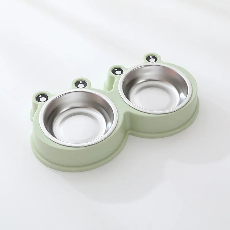 Stainless steel pet double bowl with non-slip frog base in blue, green, and pink colour options