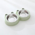 Stainless steel pet double bowl with non-slip frog base in blue, green, and pink colour options
