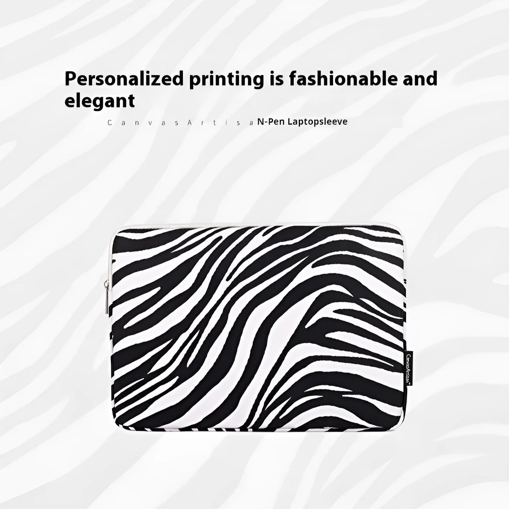 Zebra pattern polyester laptop protective sleeve in black and white, digital notebook cover