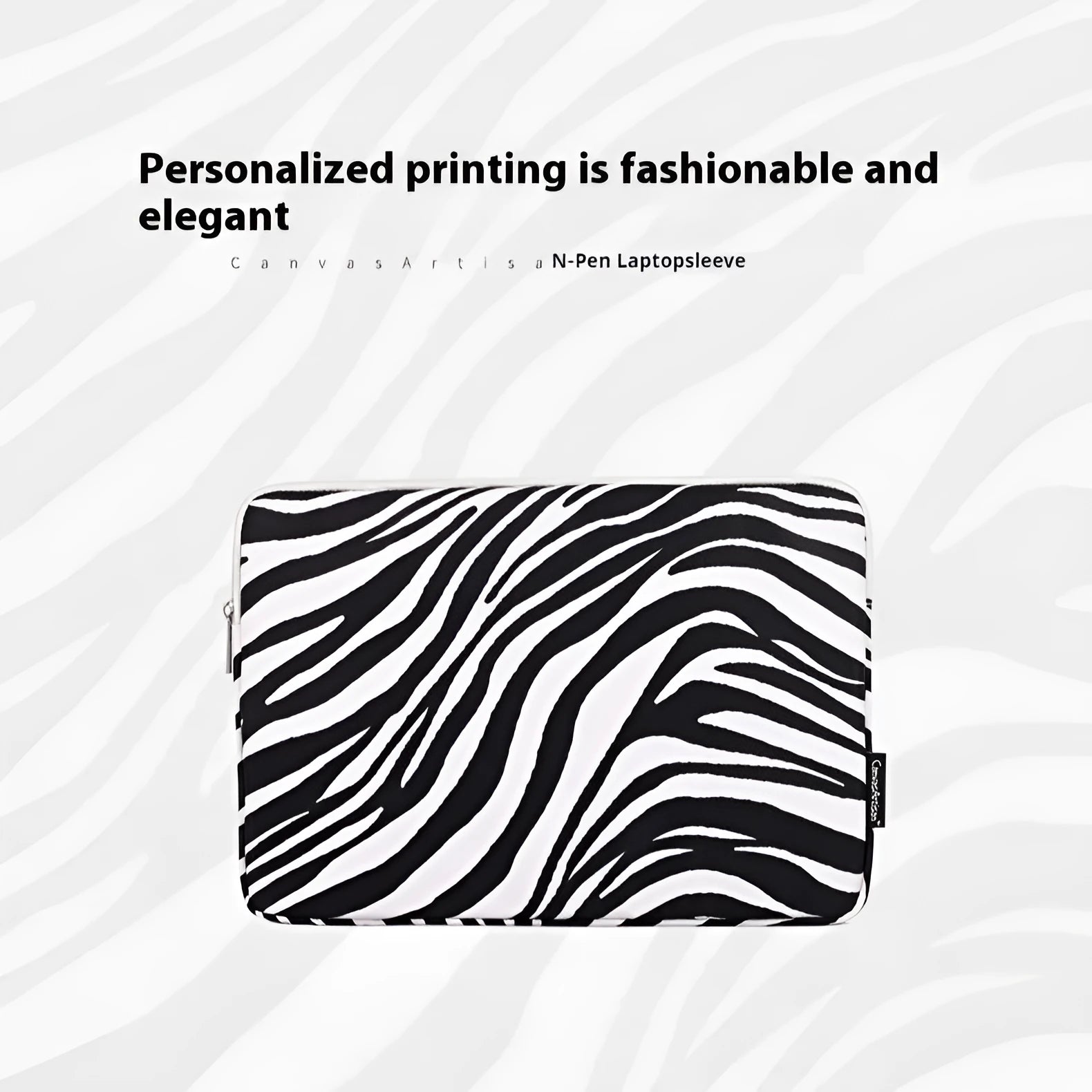Zebra pattern polyester laptop protective sleeve in black and white, digital notebook cover