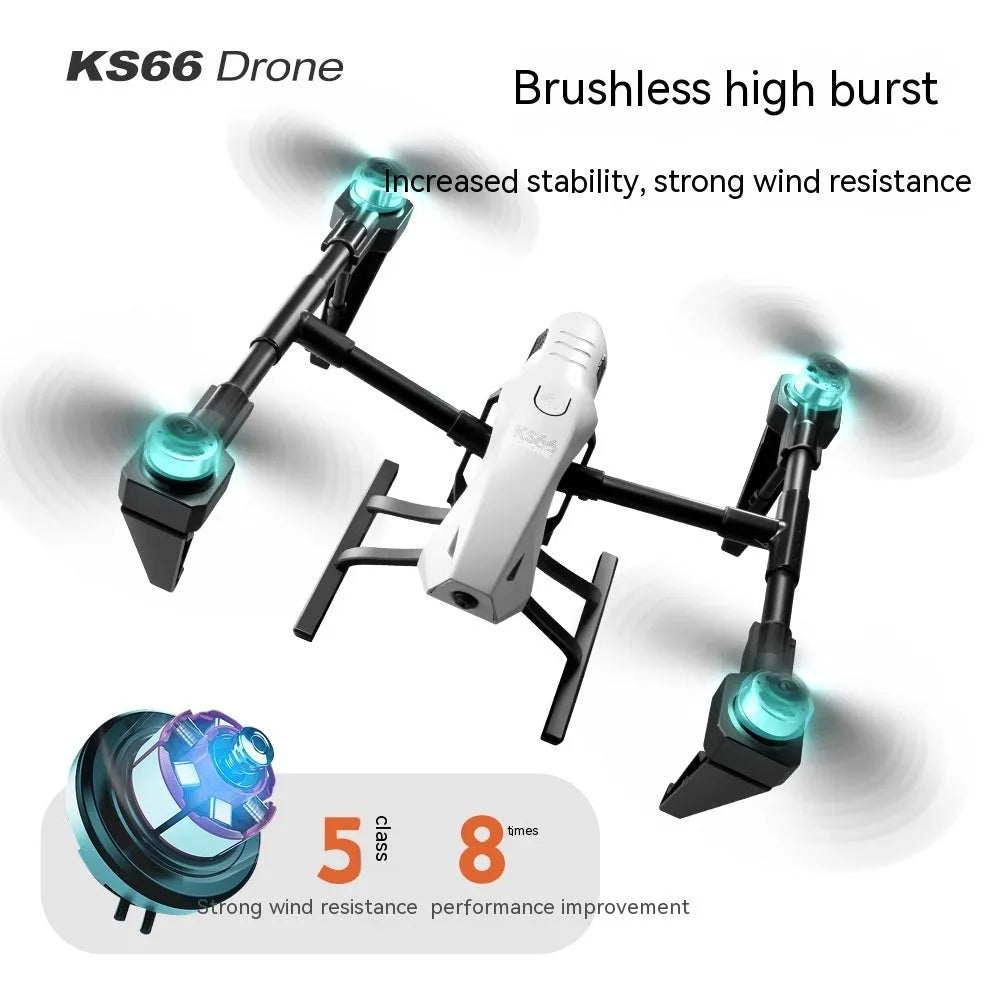White KS66 alloy UAV drone with remote control and accessories on a table.