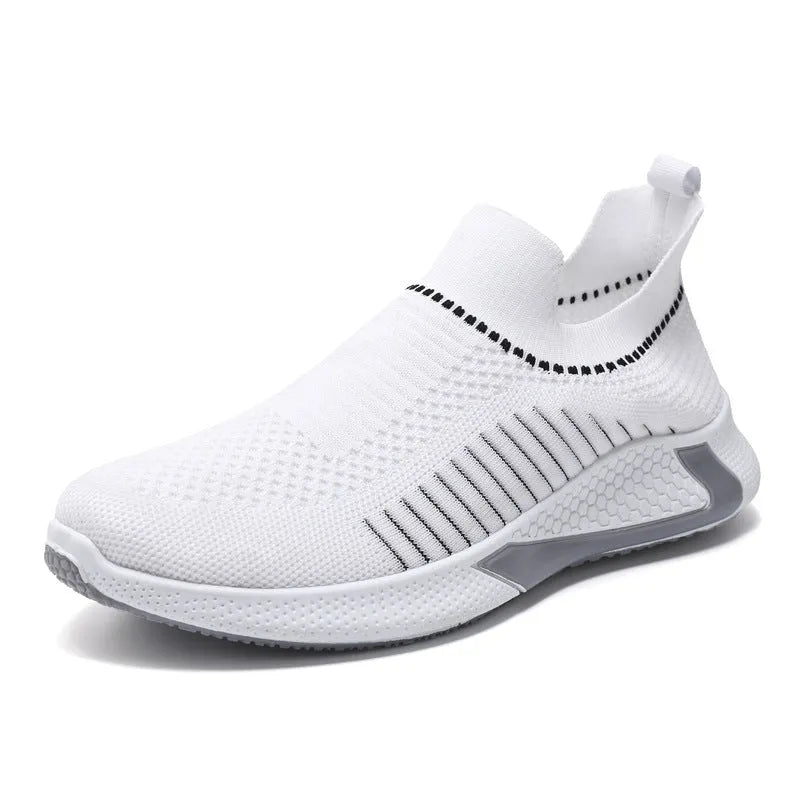 Men's mesh sock shoes with striped flyknit upper and slip-on design