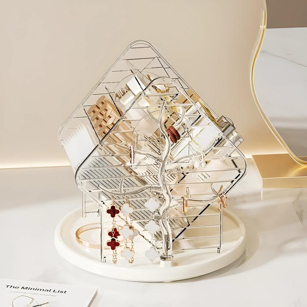 Plastic rotating cosmetics storage box with 360-degree turn in clear or amber gold colour