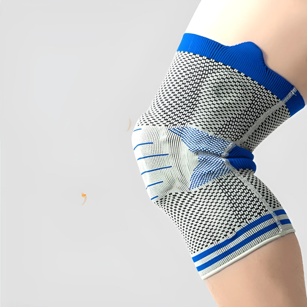 Silicone massage spring knee pad with shock absorber bar in cotton, shown in a two-tone colour option.