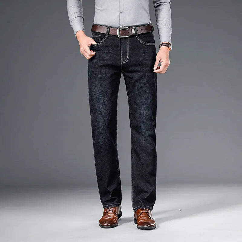 Men's straight loose elastic denim business trousers in dark blue colour, mid-waist straight-leg style on white background