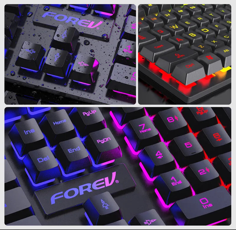 Four piece wired keyboard mouse headset set with mouse pad on desk