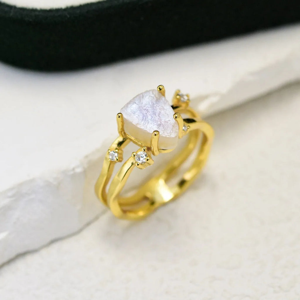 S925 sterling silver irregular triangle moonstone ring in geometric design with electroplated finish