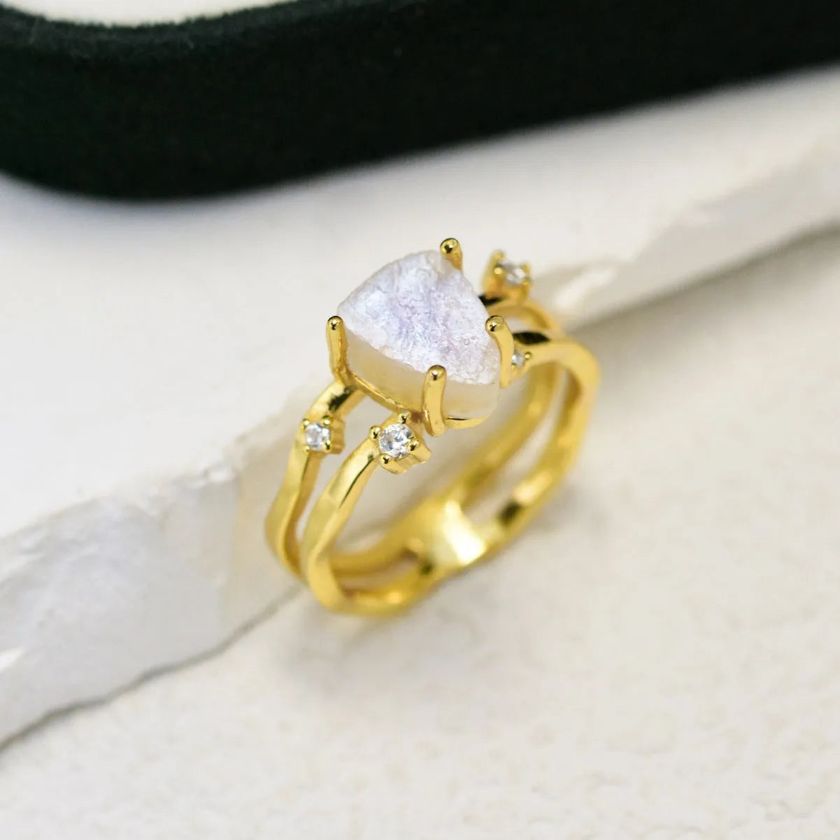 S925 sterling silver irregular triangle moonstone ring in geometric design with electroplated finish