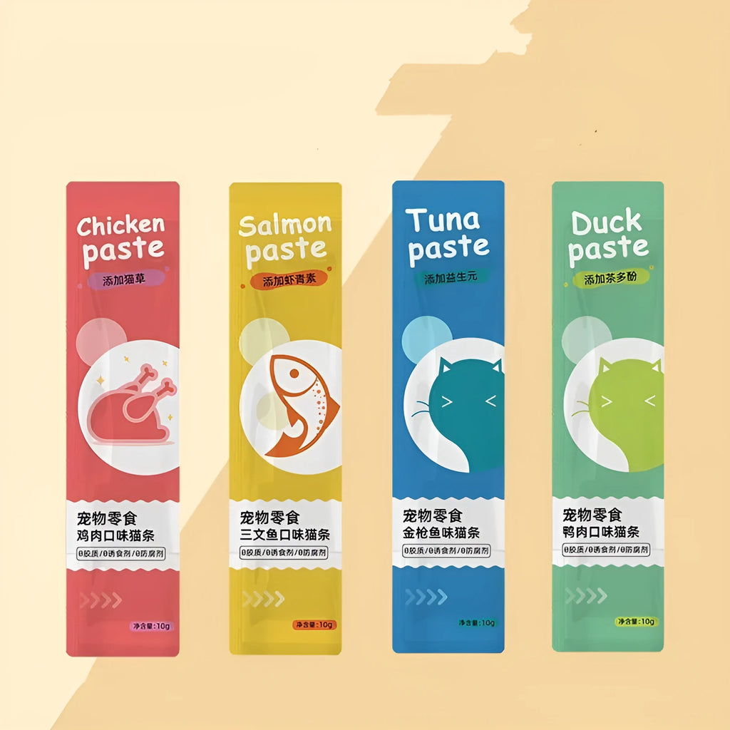 Pack of 10 cat strip snacks in four flavour varieties for feline nutrition