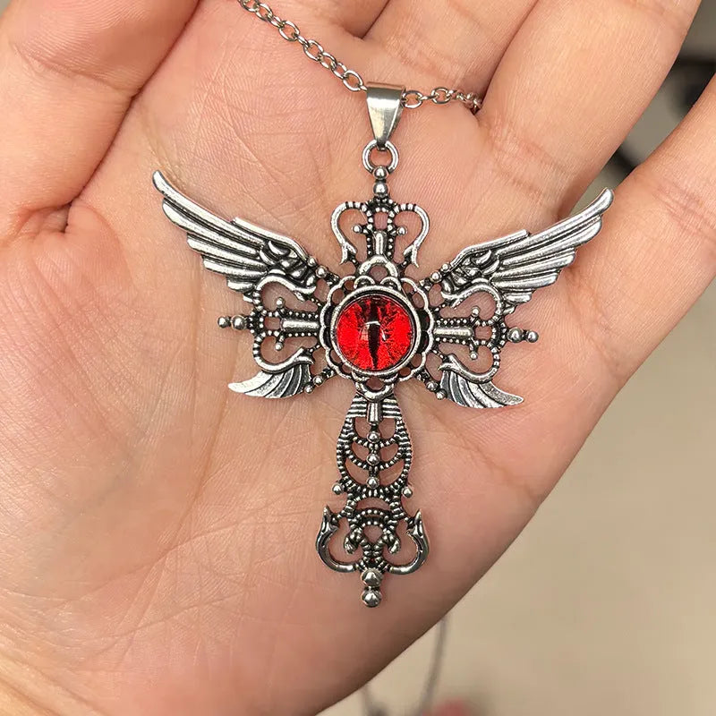 Alloy devil wings and cross geometric pendant necklace on a chain in blue, green, purple, red, and yellow colour options.