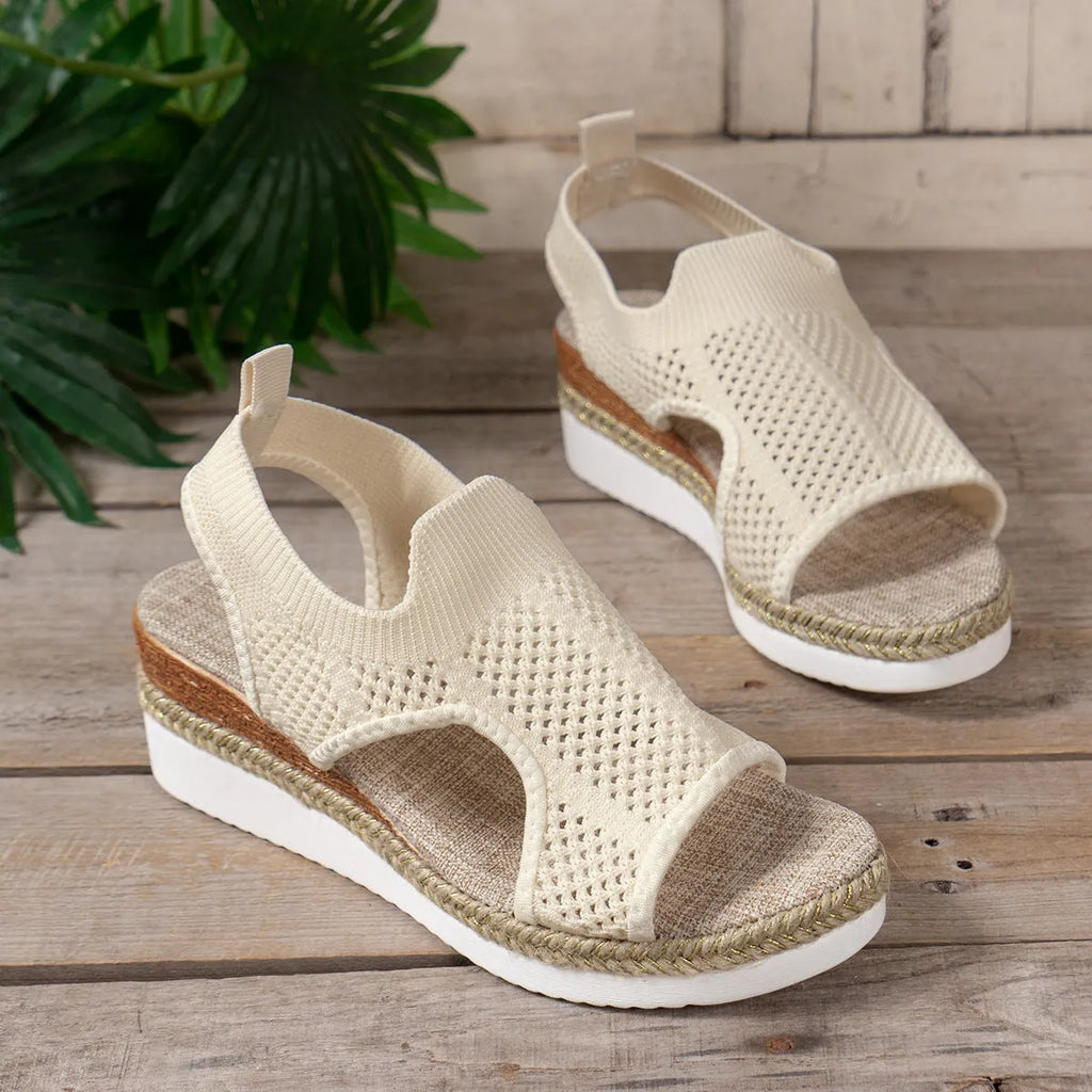 Women's hollow wedges sandals with breathable woven mesh upper and patent leather, peep-toe design, available in beige, black, khaki sizes 36-43