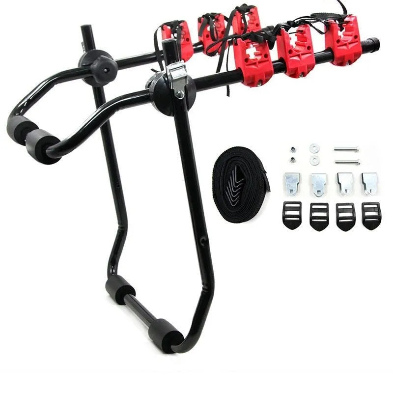 Black and red trunk mounted car bike holder rack with iron frame.