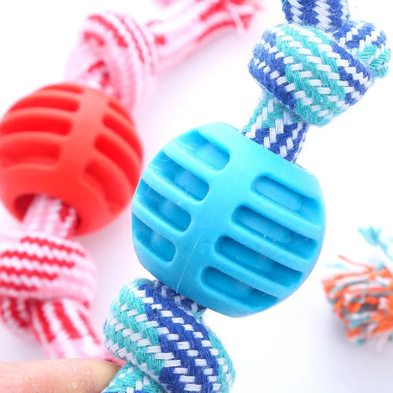 Dog bite-resistant teeth cleaning toy with double knot cotton cord and TPR ball in blue, orange, pink, red colours