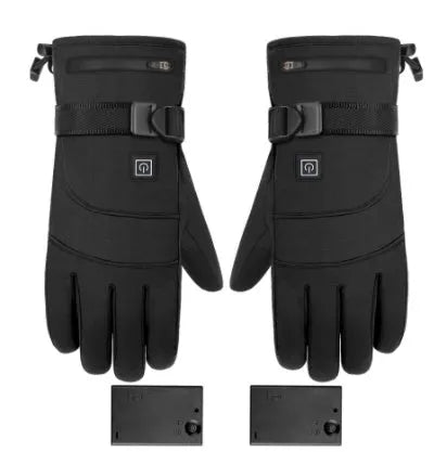 Pair of black electric heated gloves with touchscreen fingertips and zipped battery pocket, 28 cm length.