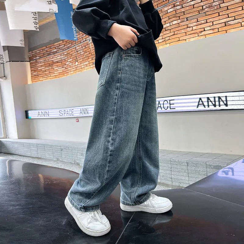 Men's straight loose blue denim jeans solid colour cotton trousers height 120cm to 170cm
