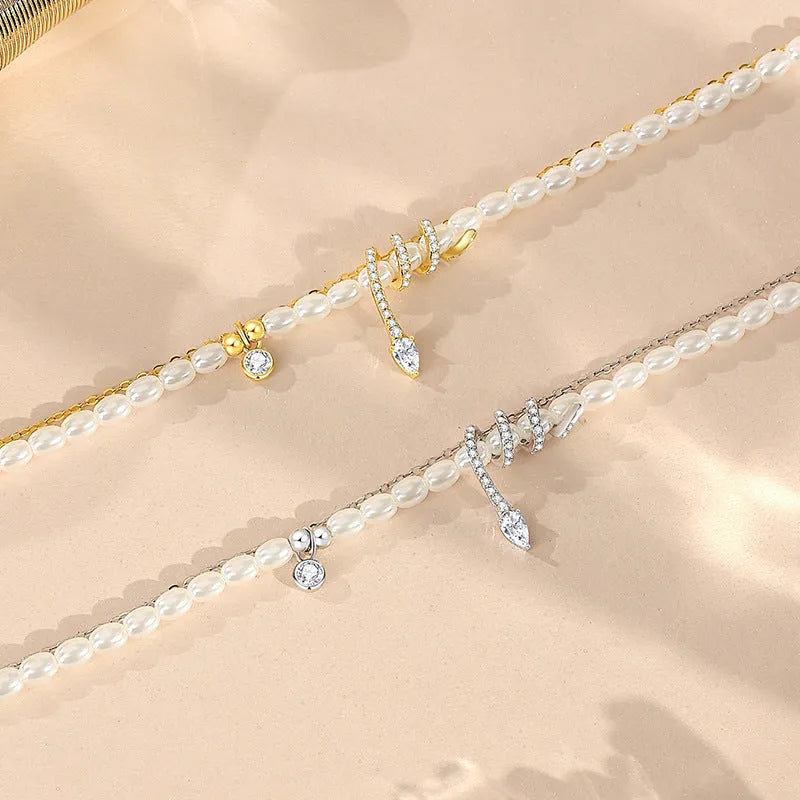 Pearl snake bracelet with geometric design in 925 silver with gold or white gold electroplating