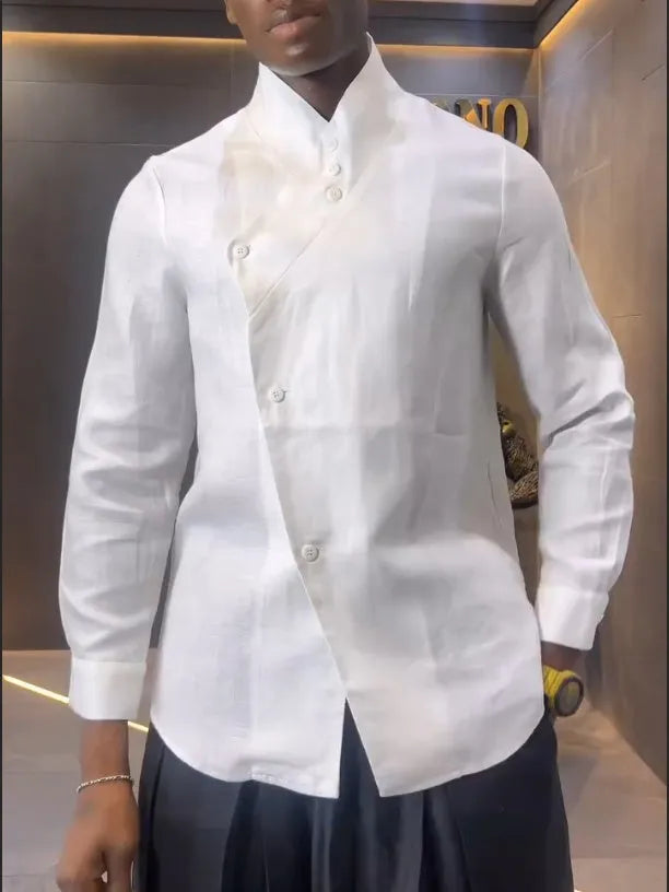 White asymmetric long sleeve shirt paired with black pleated pants in a women's casual two-piece set.