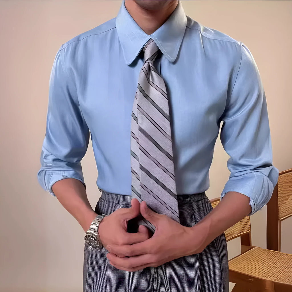 Men's dark blue slim fit round collar long sleeve shirt on hanger