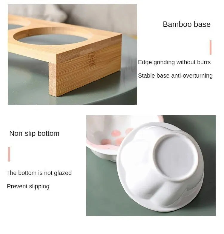 Raised pet bowl with bamboo frame and hand coloured ceramic bowl for cats and small dogs in blue, pink or yellow