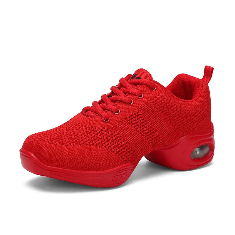 Women's white Flyknit mesh dance shoes with a lightweight PU sole for dance and fitness.