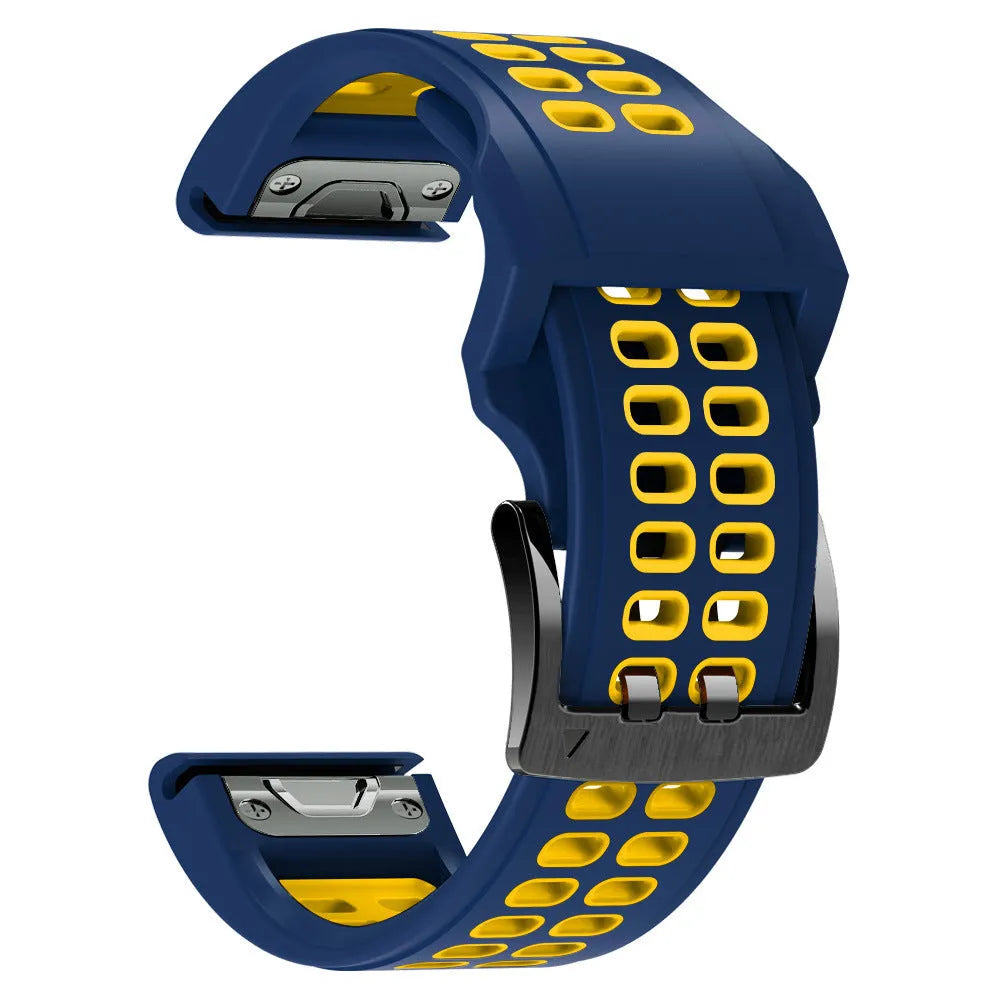 Two-colour quick release silicone watch strap in black and orange with double-row holes and pin buckle