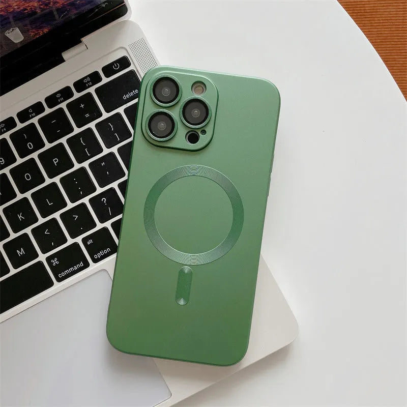 Aluminium alloy frame iPhone case with magnetic closure showing lens protector detail