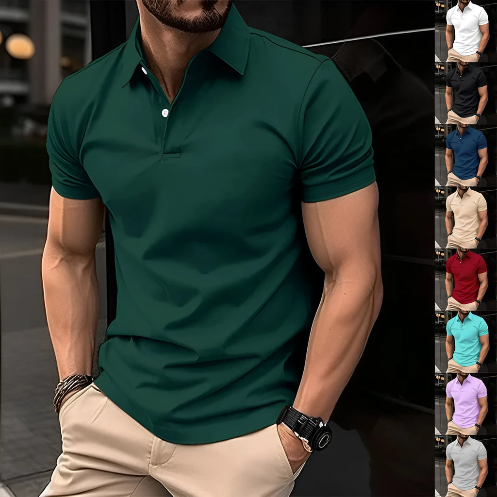 Men's solid colour short sleeve polo shirt with button lapel in a selection of nine colours.