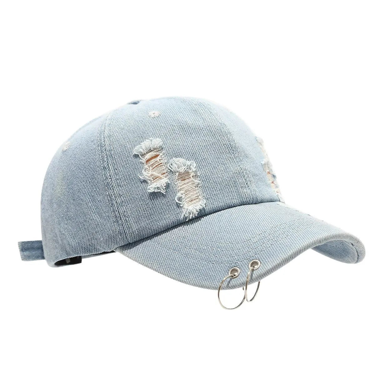 Men's adjustable denim peaked cap in black, white, and light blue jeans colours with dome crown
