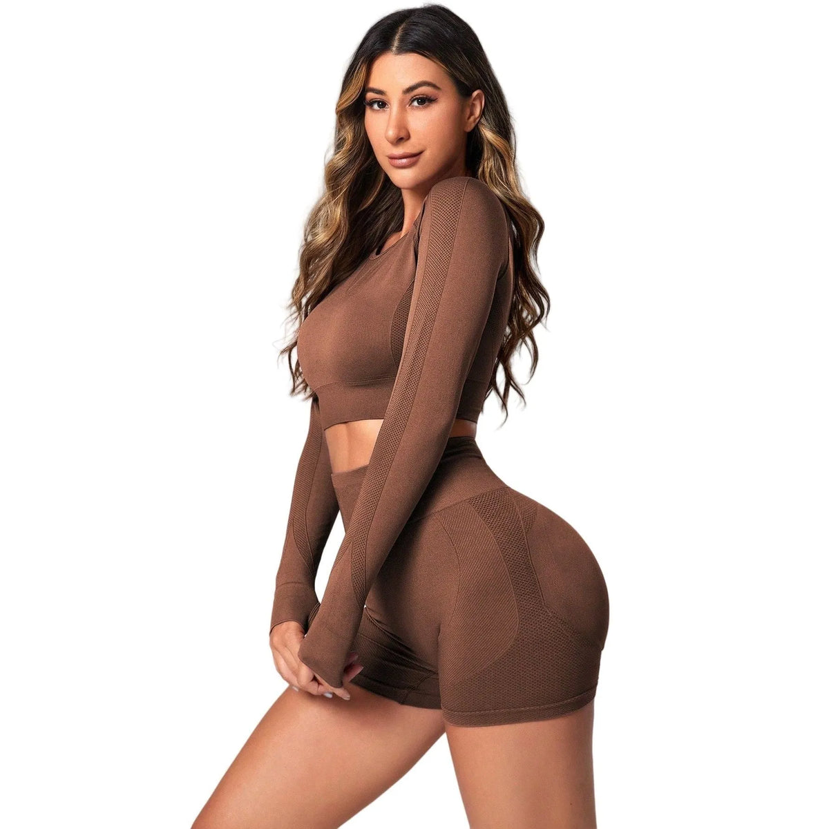 Women's black high waist yoga suit with long sleeve top and quick-drying pants