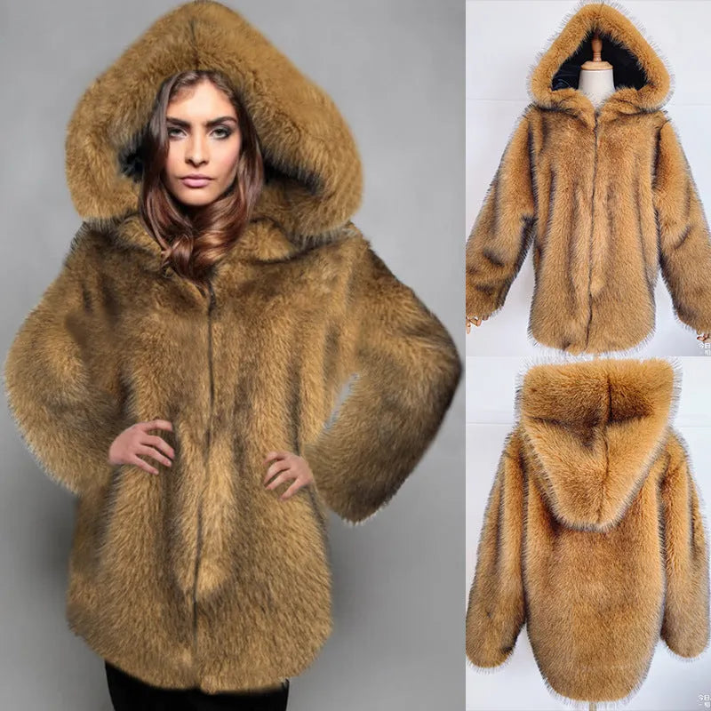 Silver grey artificial fur coat with 65cm length and loose fit on hanger
