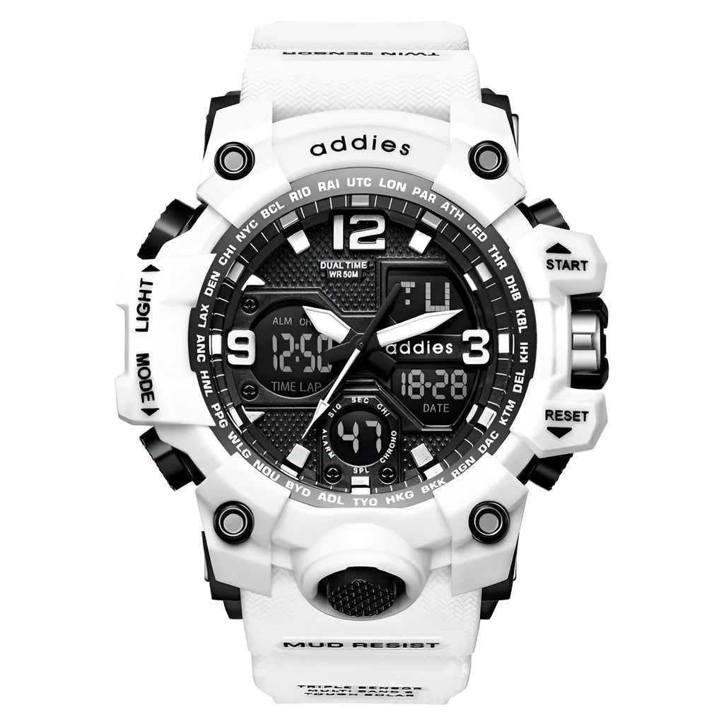 Men's electronic sports watch with dual display showing both pointers and digital readout on round black dial