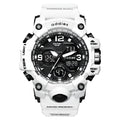 Men's electronic sports watch with dual display showing both pointers and digital readout on round black dial