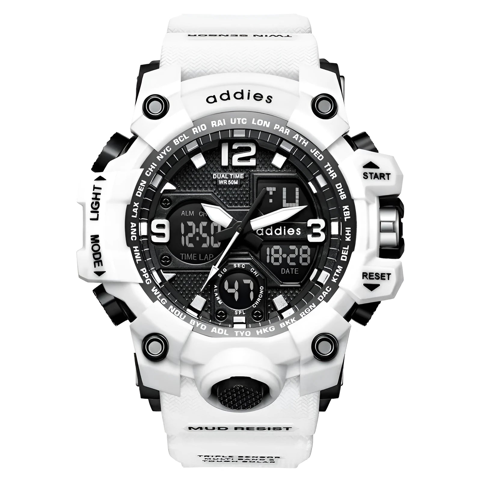 Men's electronic sports watch with dual display showing both pointers and digital readout on round black dial